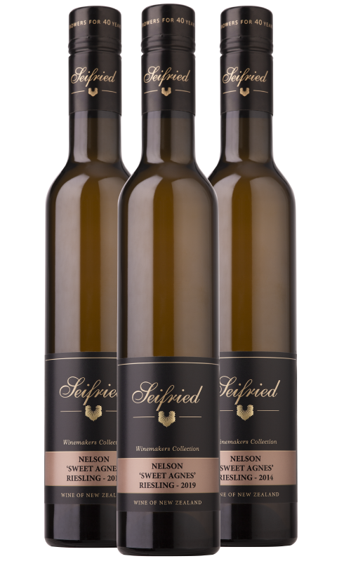 Seifried Winemakers Collection Nelson Sweet Agnes Riesling Heritage Trio 2009, 2014, 2019 dessert wine on a transparent background