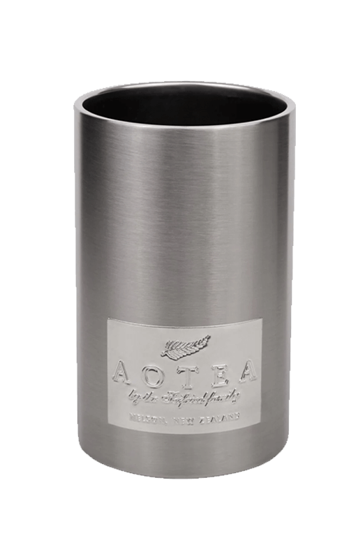 Brushed stainless steel wine chiller bucket featuring the Aotea logo badge on a transparent background