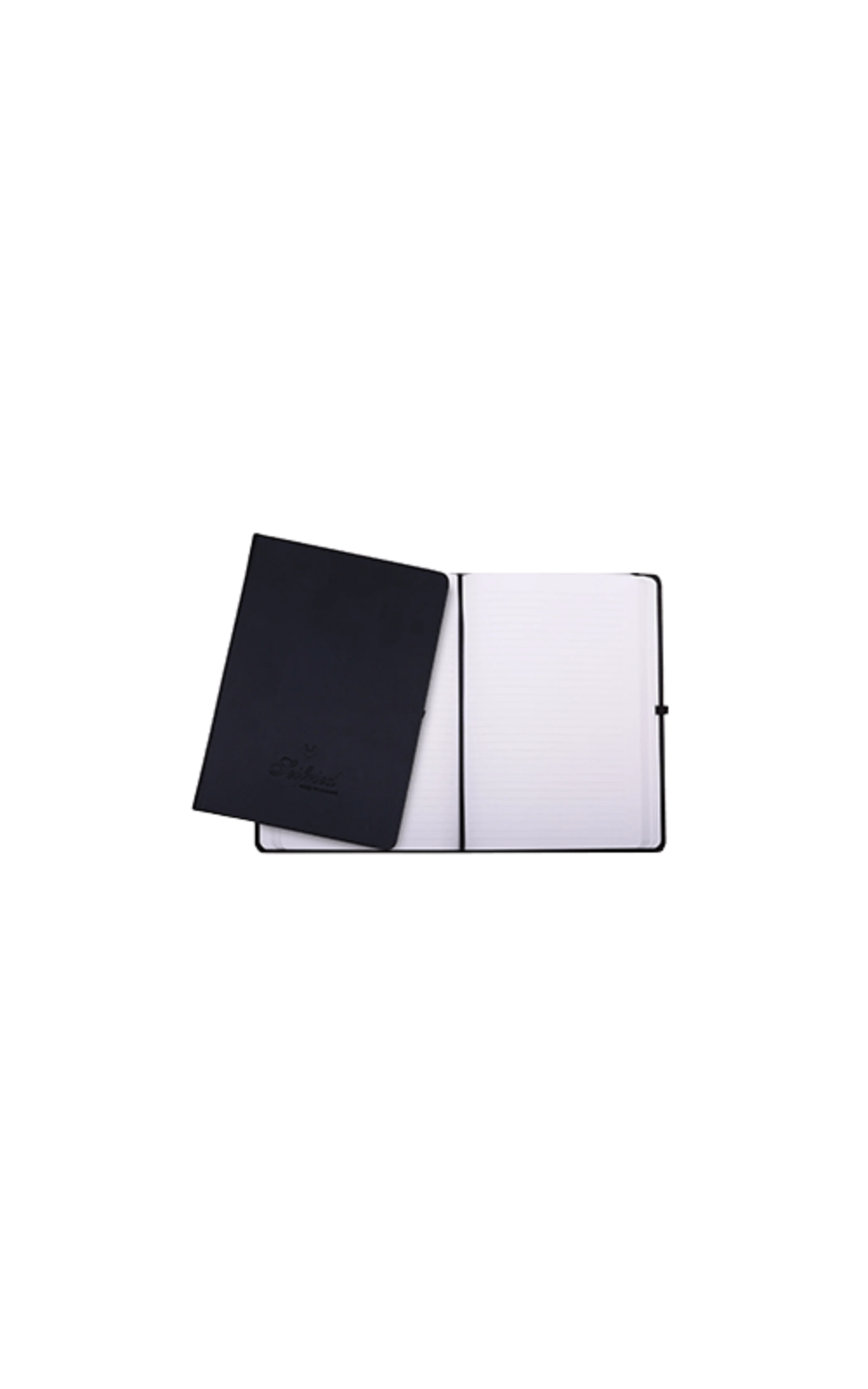 Black notebook journal with embossed Seifried logo on a transparent background
