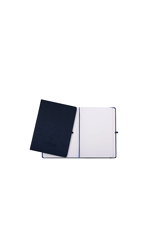 Dark blue notebook journal with embossed Seifried logo on a transparent background