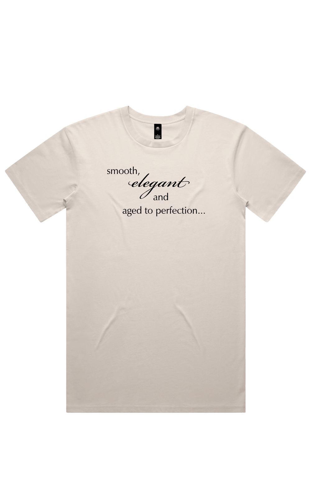 Bone off-white t-shirt with dark text reading 'smooth, elegant and aged to perfection...' on a transparent background
