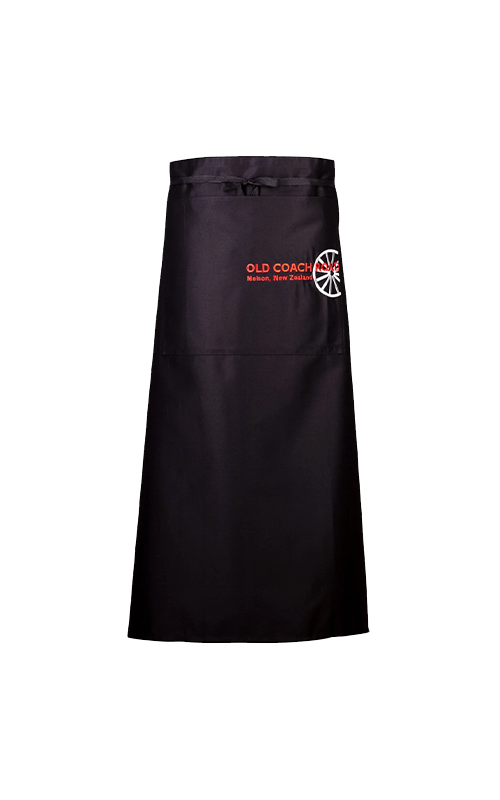 Black bar waist apron featuring the Old Coach Road logo on a transparent background