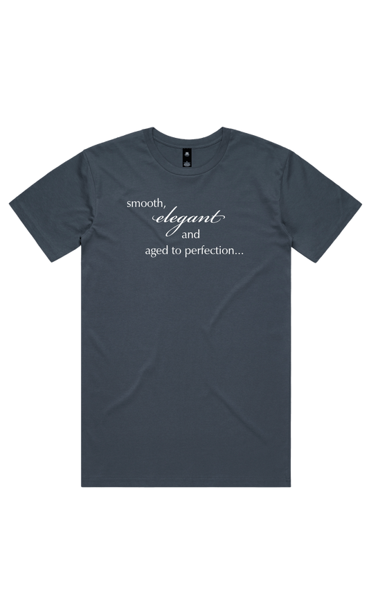 "Petrol blue t-shirt with white text reading 'smooth, elegant and aged to perfection...' on a transparent background"