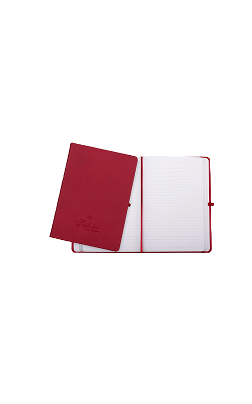 Red notebook journal with embossed Seifried logo on a transparent background