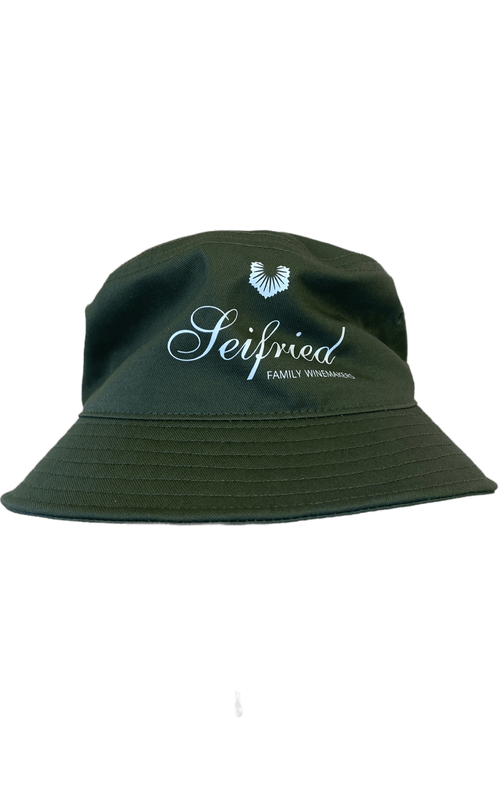 Army green bucket hat embroidered with the white Seifried Family Winemakers logo on a transparent background
