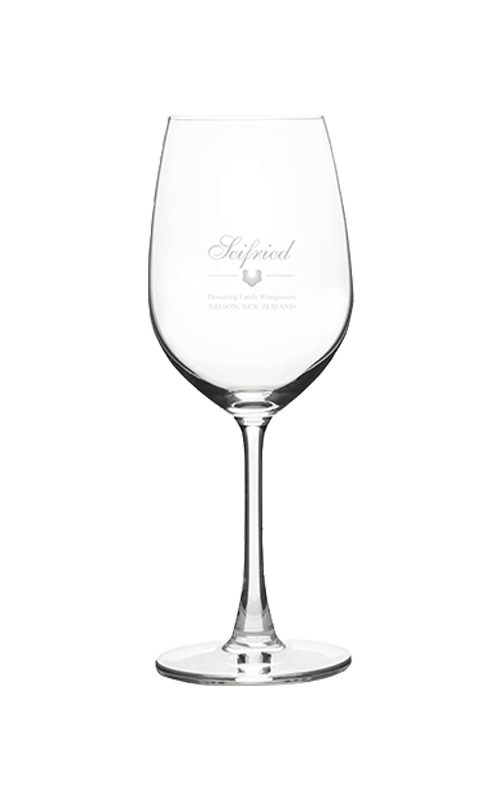 Wine glass printed with the Seifried winery logo on a transparent background