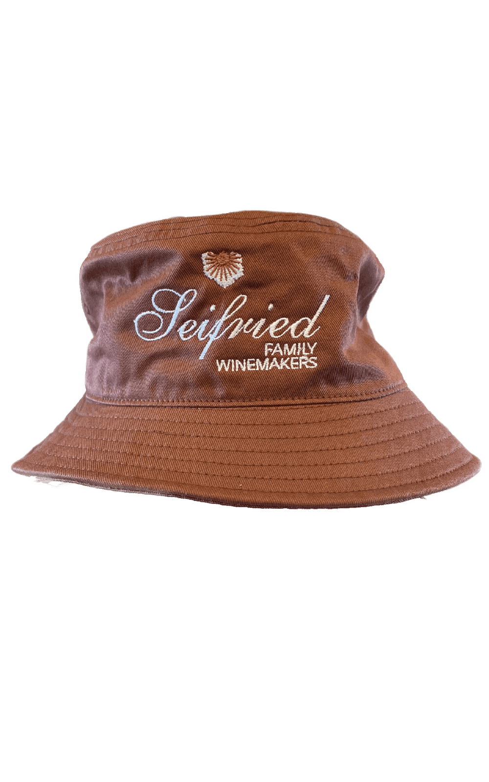 Clay brown cotton bucket hat with white embroidered Seifried Family Winemakers logo on a transparent background