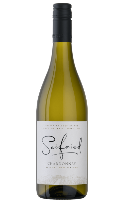 Bottle of Seifried Chardonnay wine on a transparent background