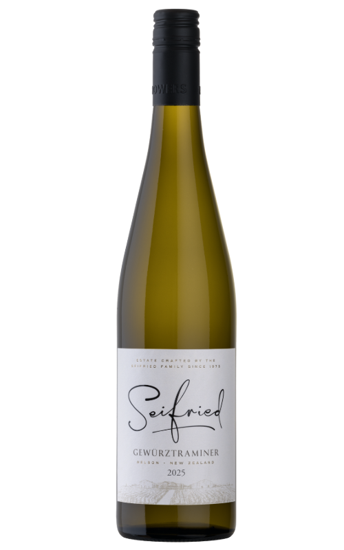 Bottle of 2025 Seifried Gewürztraminer wine on a transparent background