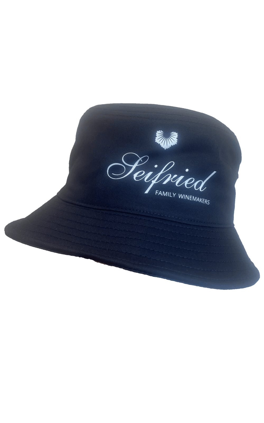 Navy blue bucket hat embroidered with the white Seifried Family Winemakers logo on a transparent background