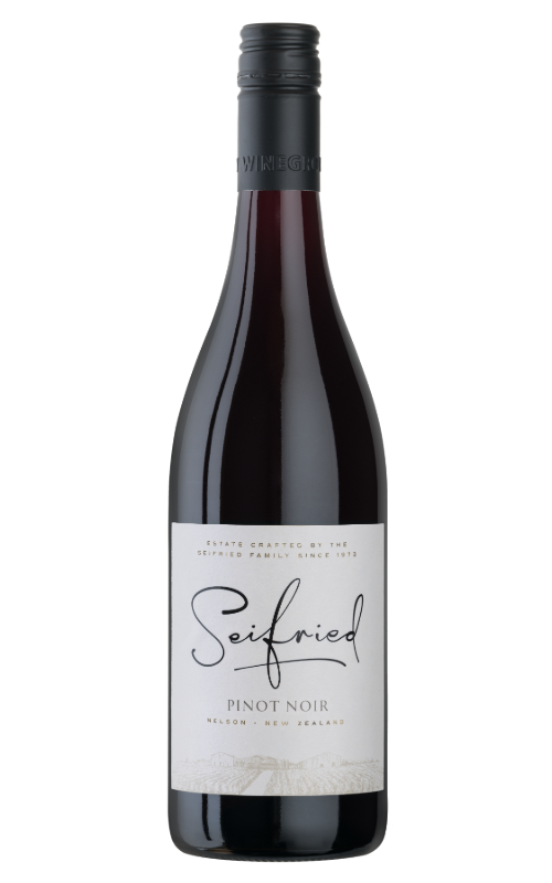 Bottle of Seifried Pinot Noir wine on a transparent background