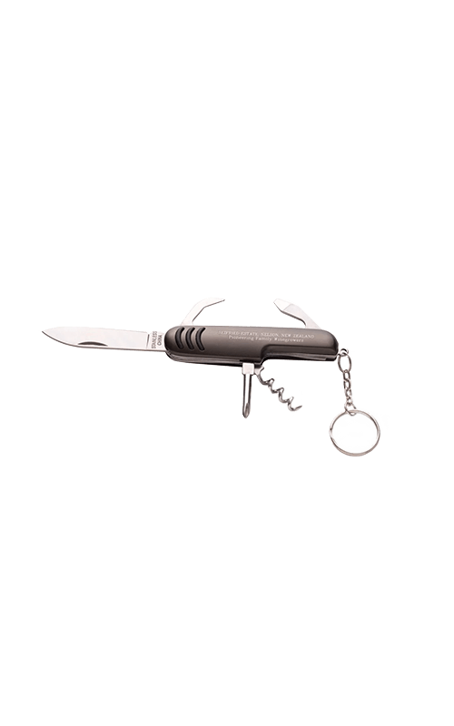 Seifried branded pocket utility knife with corkscrew and keyring attachment on a transparent background