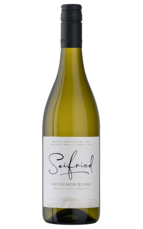 Bottle of Seifried Sauvignon Blanc wine on a transparent background