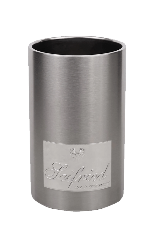 Brushed stainless steel wine chiller bucket featuring the Seifried logo badge on a transparent background