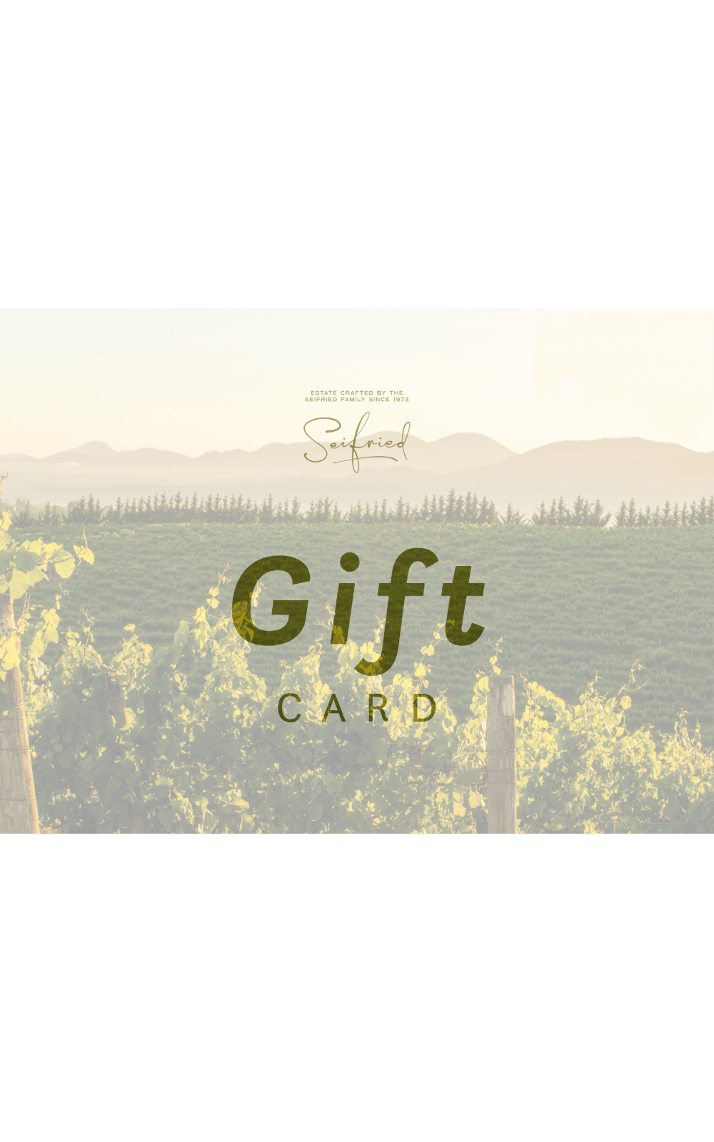 Vineyard landscape Gift Card with mountain background featuring gold text 