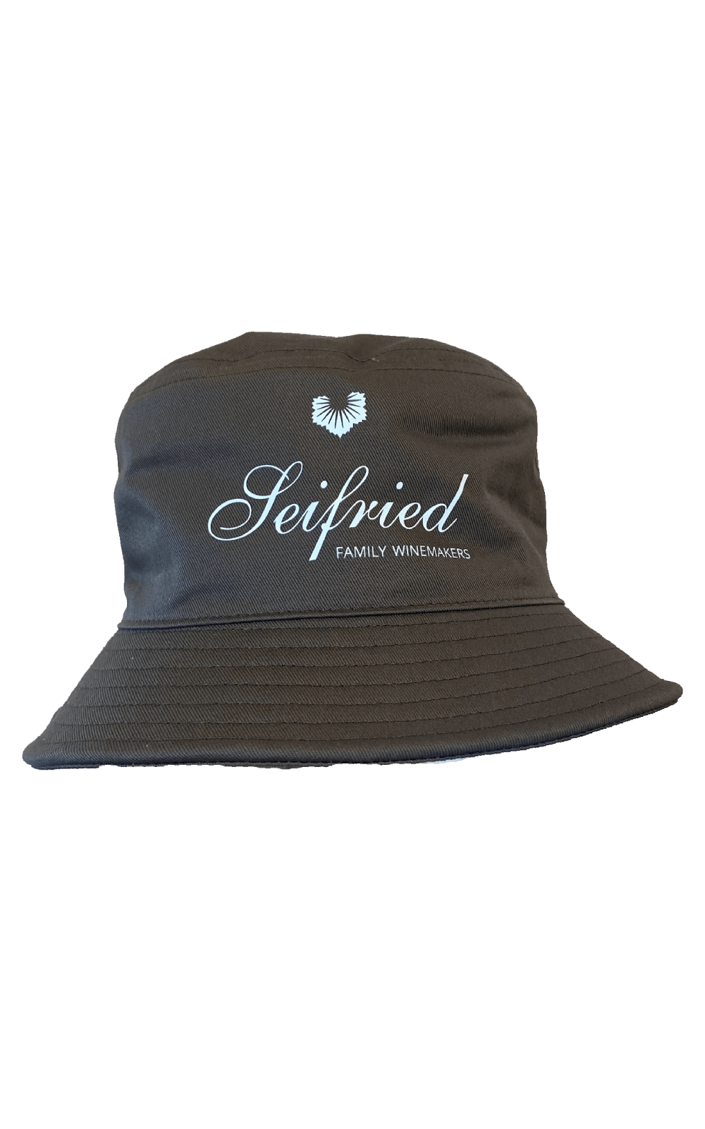 Walnut brown bucket hat embroidered with the white Seifried Family Winemakers logo on a transparent background