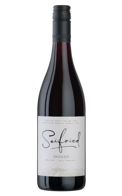 Bottle of Seifried Zweigelt red wine with white label on a transparent background