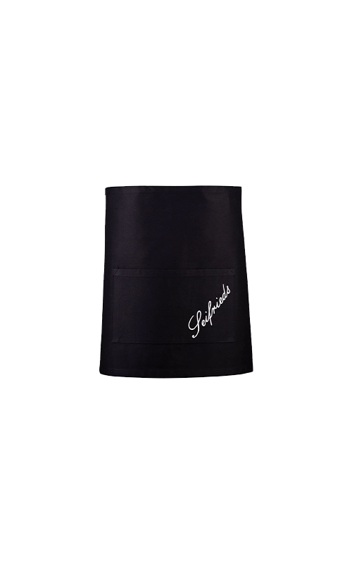Black bar waist apron featuring the Seifried cursive logo on a transparent background