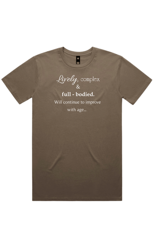 Walnut brown t-shirt with white text reading 'Lively, complex & full-bodied. Will continue to improve with age...' on a transparent background