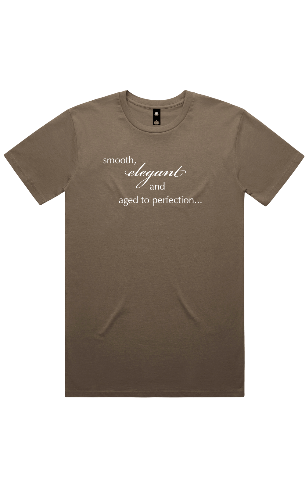 Walnut brown t-shirt with white text reading 'smooth, elegant and aged to perfection...' on a transparent background